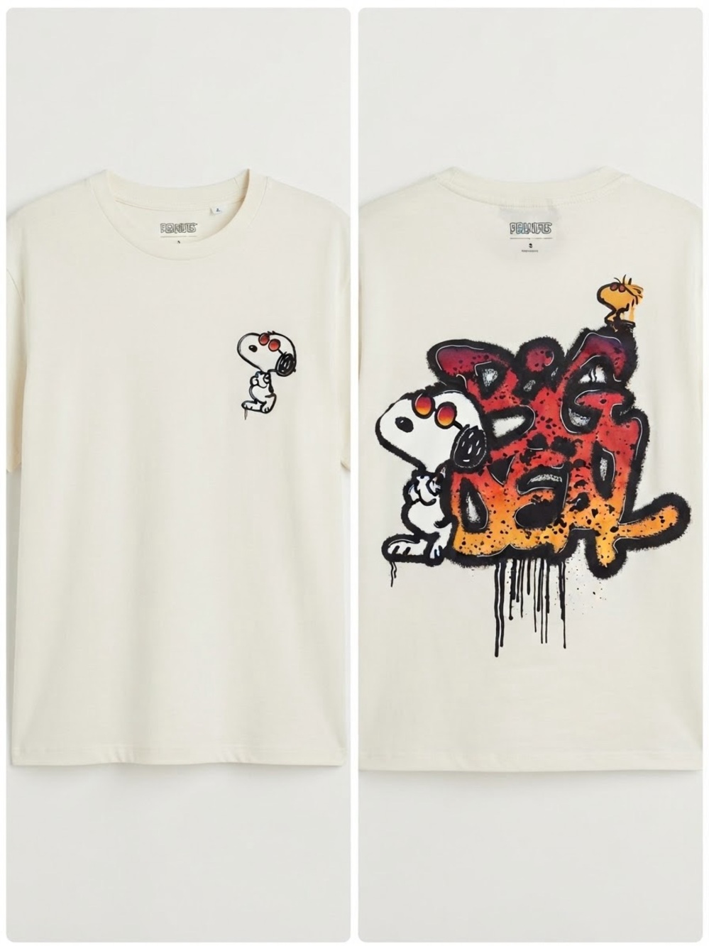 H&M Cream Peanuts Snoopy Graphic Tee with Orange-Red Back Print